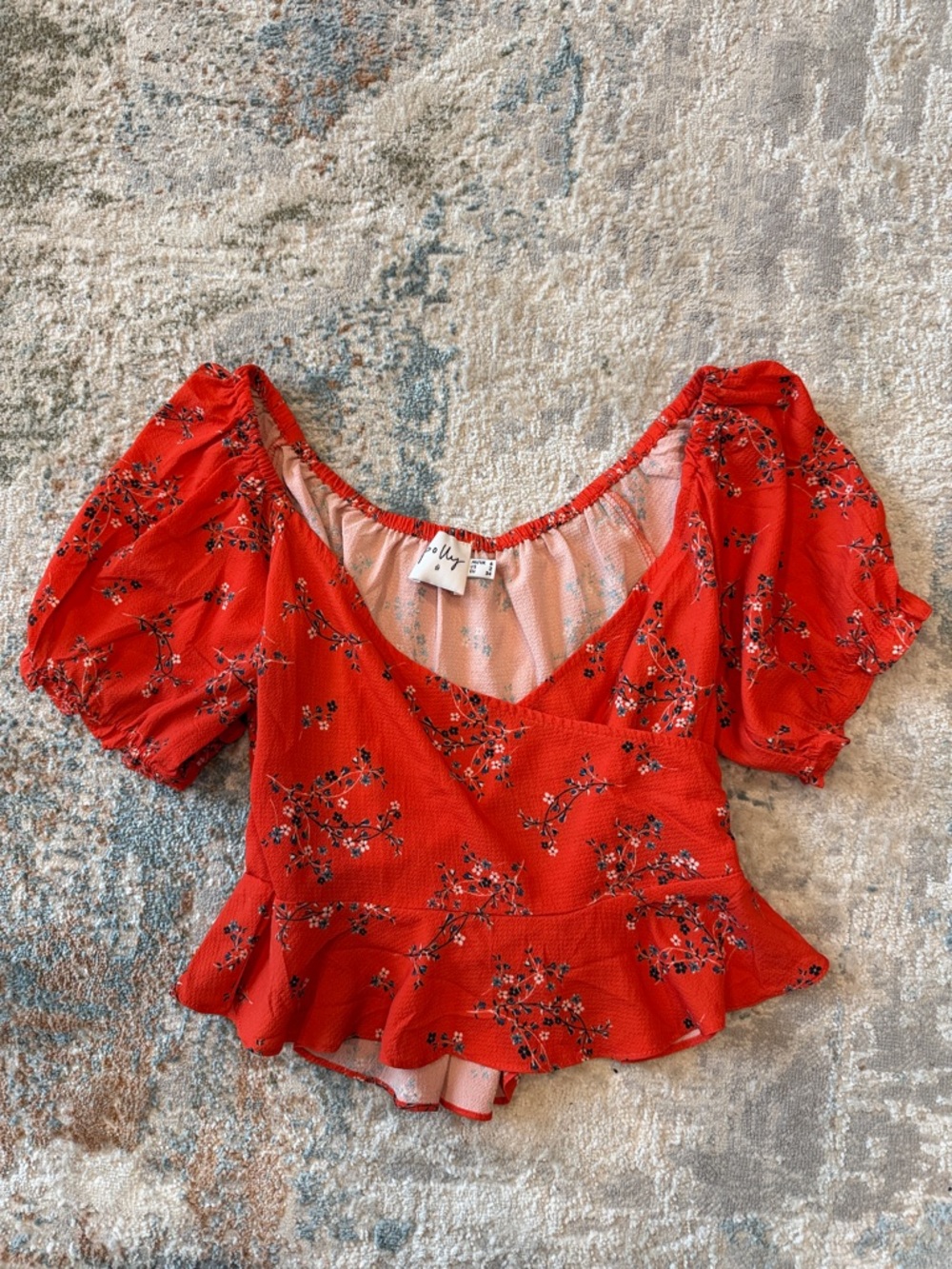 Princess Polly Red Floral Puff-Sleeve Peplum Crop Top